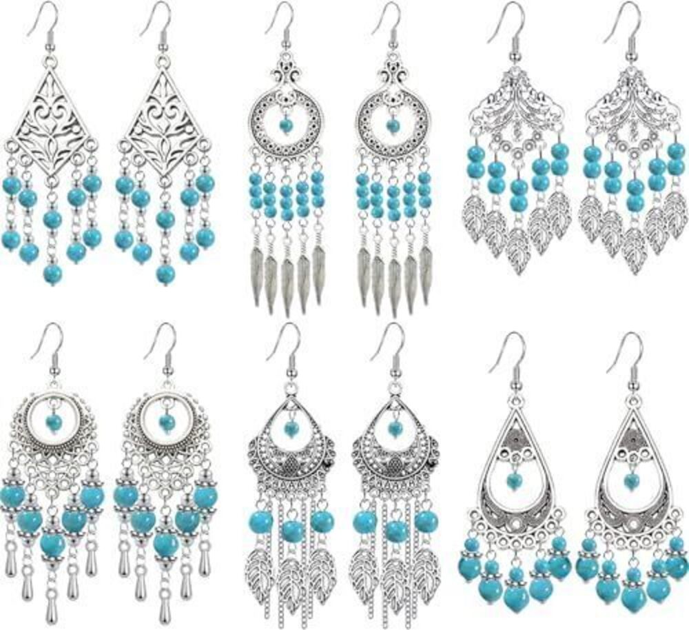 3955 6 Pairs Bohemian Turquoise Dangle Earrings Antique Silver Teardrop